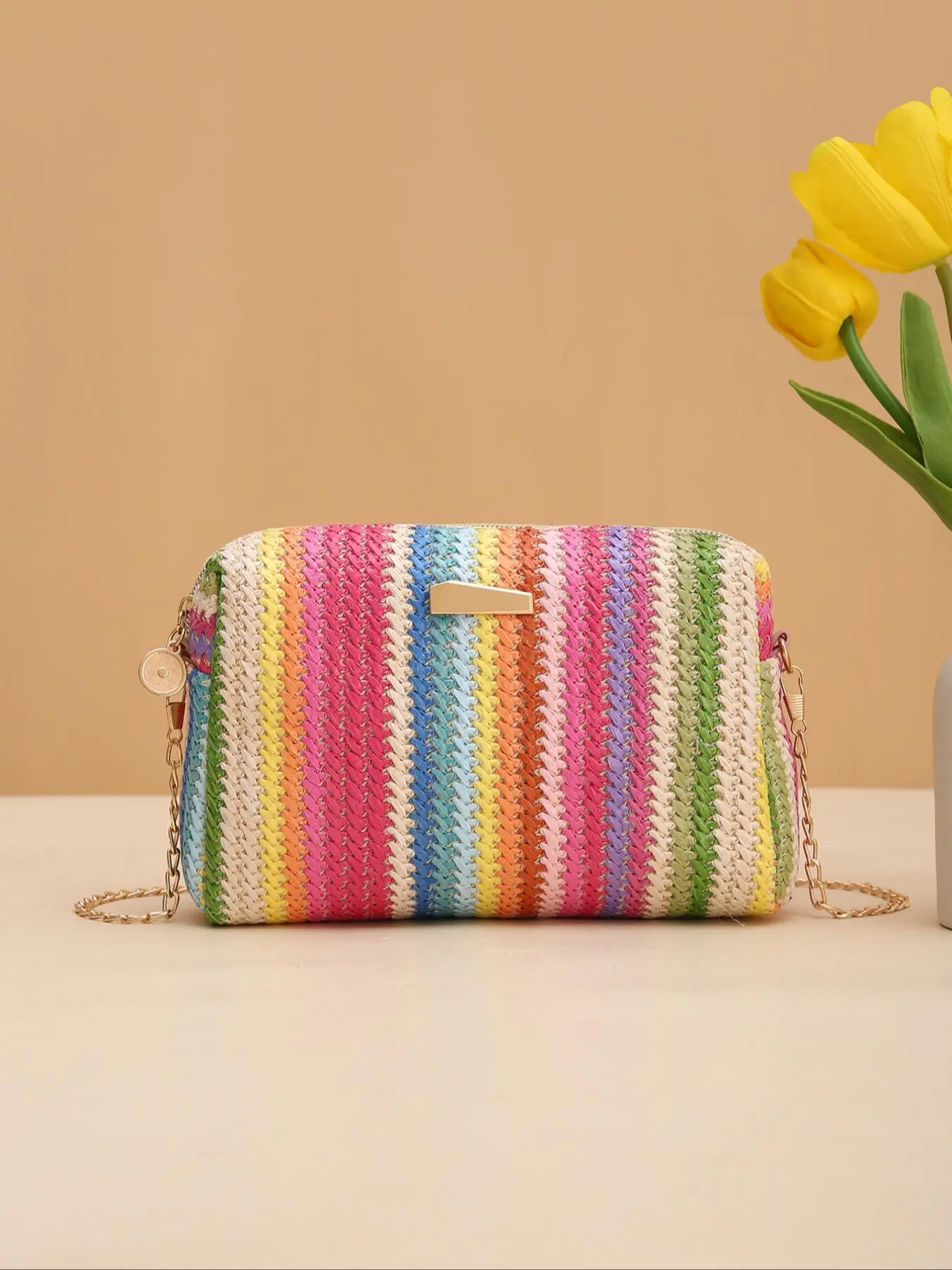 Summer 2025 Colorblock Straw Woven Crossbody Bag, Crochet Bags, Casual Trendy Shoulder Bag, Fashionable Casual Bag, Chain Bag for Women, Everyday Bags, Square Bag for Beach Vacation, Casual Trendy Purses, Casual Fashion Bag