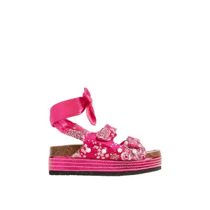 MACKLEY-PINK BROCADE TIE UP FLATFORM SANDAL