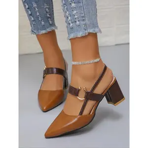 Fashionable Solid Color Slingback Heels – Elegant Pointed Toe Shoes for Daily Wear, Casual Versatile Women's Footwear Brown