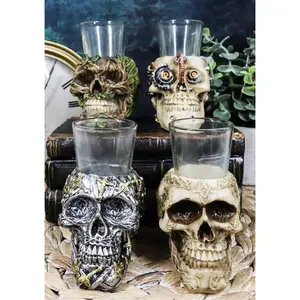 Gothic Greenman Diamond Steampunk And Tribal Skulls Resin Shot Glass Set Of 4