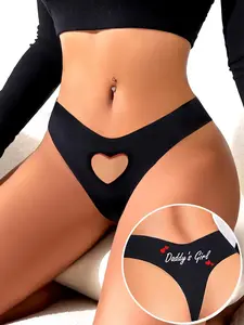 Sexy Women's Seamless Thong Underwear with Heart and Letter Print, Comfortable Thin Fashion Fit T-Back Soft Stretch Panties for All Seasons