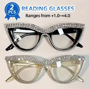 2PCS New Women's Fashion Retro Square Cat Eye Diamond-Embedded Trendy HD Reading Old Flower Glasses - Elegance, Artsy, Minimalist PC Material, +1.0 to +4.0 Prescription, Lightweight and Durable, Suitable for Daily Computer Work