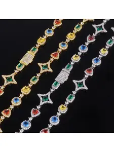 Iced Out Multicolor Gemstone Necklace for Men, 18K Gold Plated CZ Diamond Heart Star Round Hip Hop Chain, Bling Rapper Jewelry Gift for Him