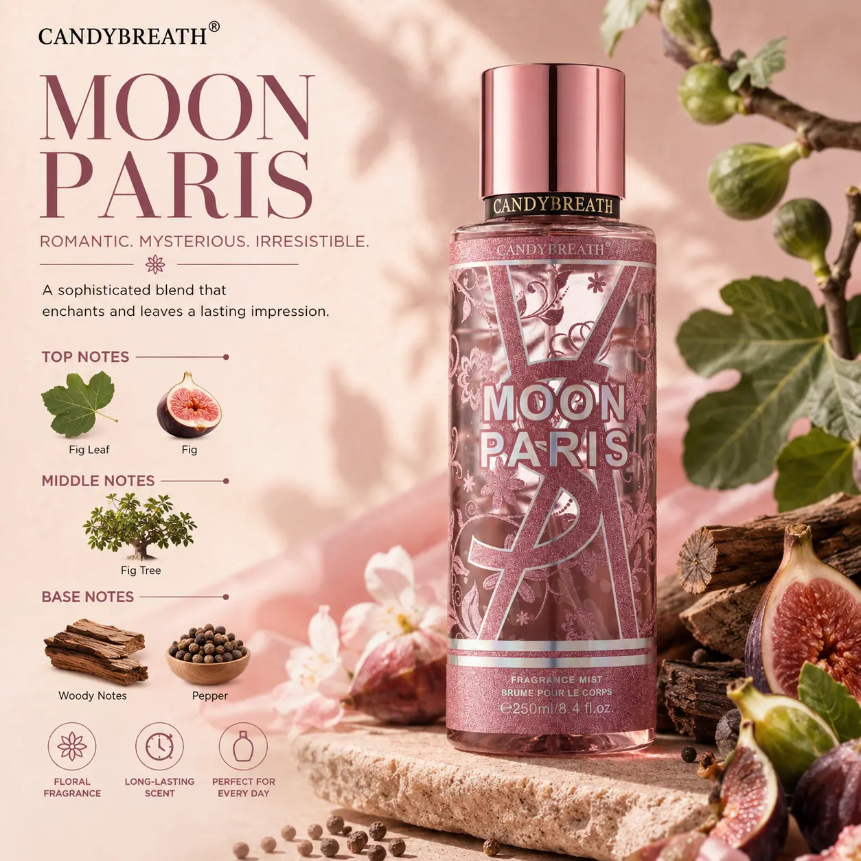 Women's Moon Paris Scent Fragrance Mist, Light & Refreshing Body Spray, 8.4 fl oz Liquid Bottle, Single Bottle, Spray Misting