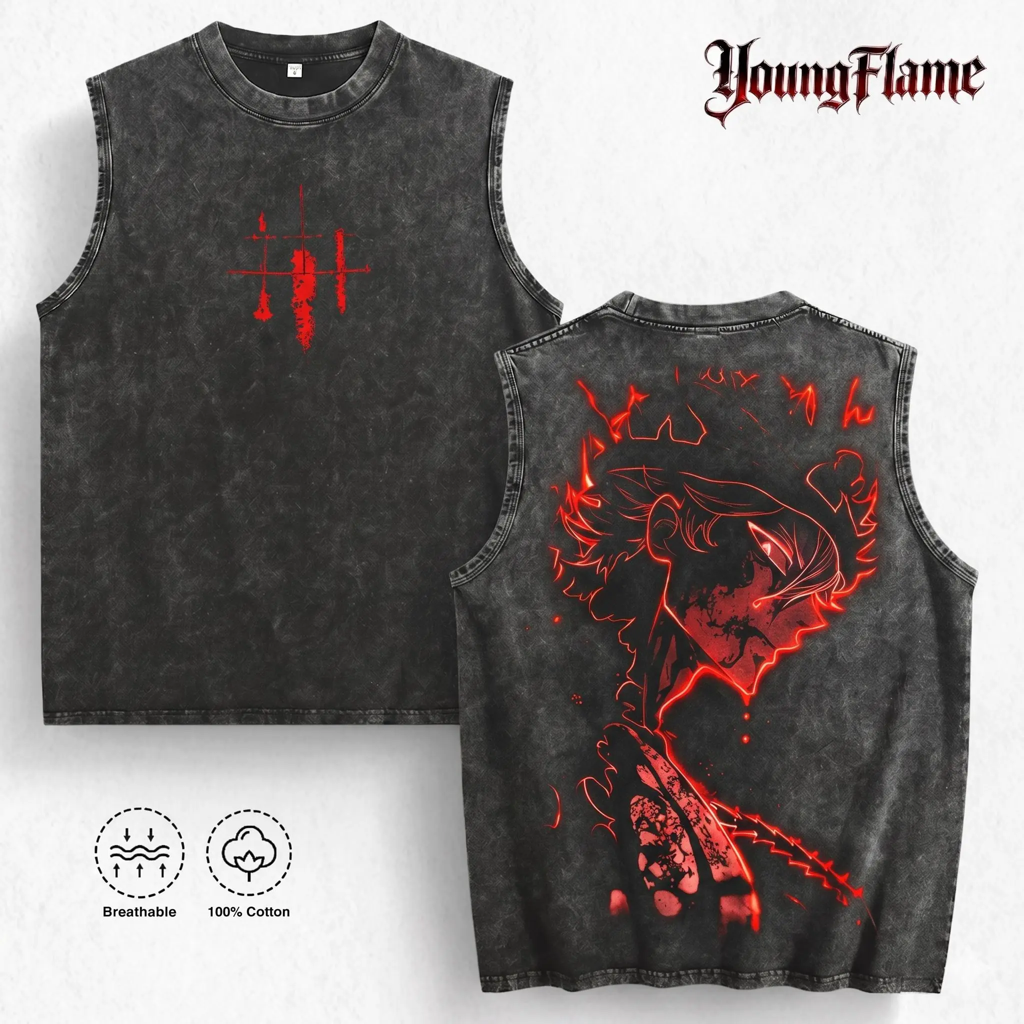 YoungFlame Men's Acid Wash Tank Top | Red Anime Graphic Heavyweight Cotton Vest | Vintage Dark Aesthetic Sleeveless Shirt | 2026 Summer Streetwear Essential oversized outdoorfun short-sleeved t-shirt men cottontees good graphic tee fashionable