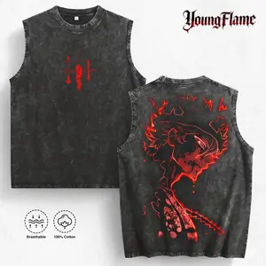 YoungFlame Men's Acid Wash Tank Top | Red Anime Graphic Heavyweight Cotton Vest | Vintage Dark Aesthetic Sleeveless Shirt | 2026 Summer Streetwear Essential oversized outdoorfun