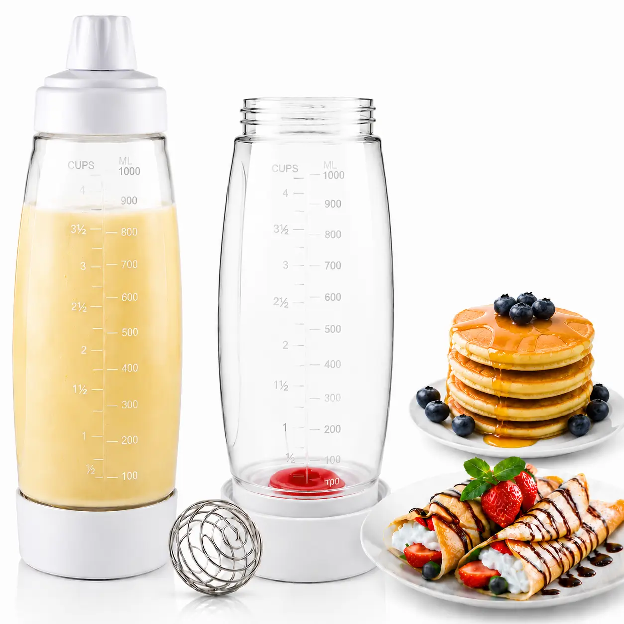 Handheld Pancake Batter Dispenser,Batter Mixing Bottle with Scale and Blender Balls,Reusable Silicone Bakeware,Kitchen Pancake Shaker Batter Dispenser Bottle Baking Tool for Pancakes,Waffles,Muffins & Cupcakes,Kitchen Gadgets for Home Use