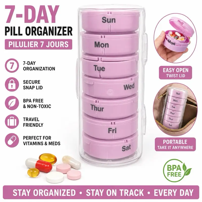 PREMIER PLUS 7-Day Pill Organizer – Stackable Daily Medication & Vitamin Organizer with Travel Case