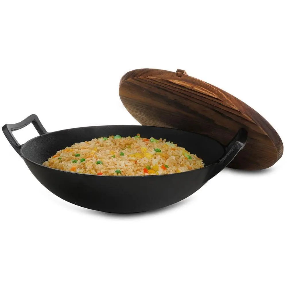 14 in. Heavy Duty Cast Iron Wok with Wood Lid