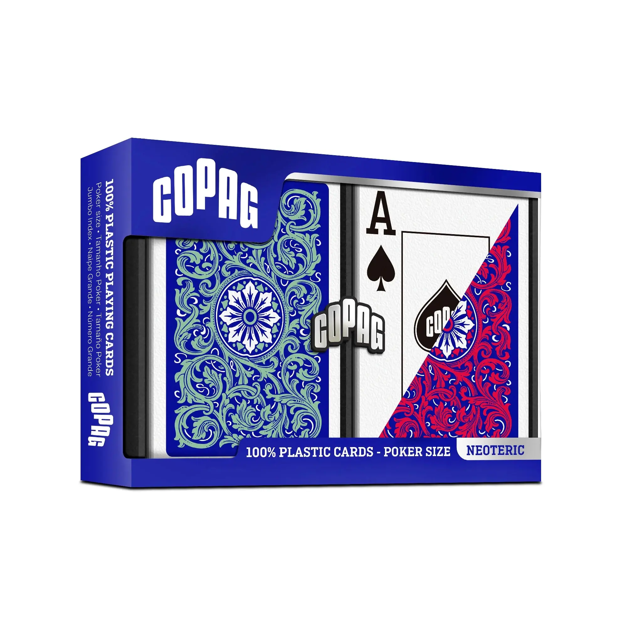 COPAG Geometric 100% Plastic Playing Cards - 2-Deck Red & Green Poker Size Set, Jumbo Index, Washable, Poker Card Design, 12+ Years Use, Free WSOP 2025 Deck