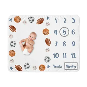 Sweet Jojo Designs Sports Theme Boy Baby Milestone Blanket Newborn Monthly First Year Photo Growth Chart Infant Memory Gift Set Watercolor Vintage Soccer Balls Football Baseball Basketball Blue Stars