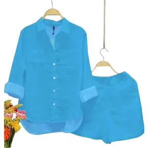 Fashion White Long Sleeve Shirt And Shorts Two Piece Sets Women 2025 Summer Cotton Linen Casual Home 2 Piece Set For Women Baggy Womenswear