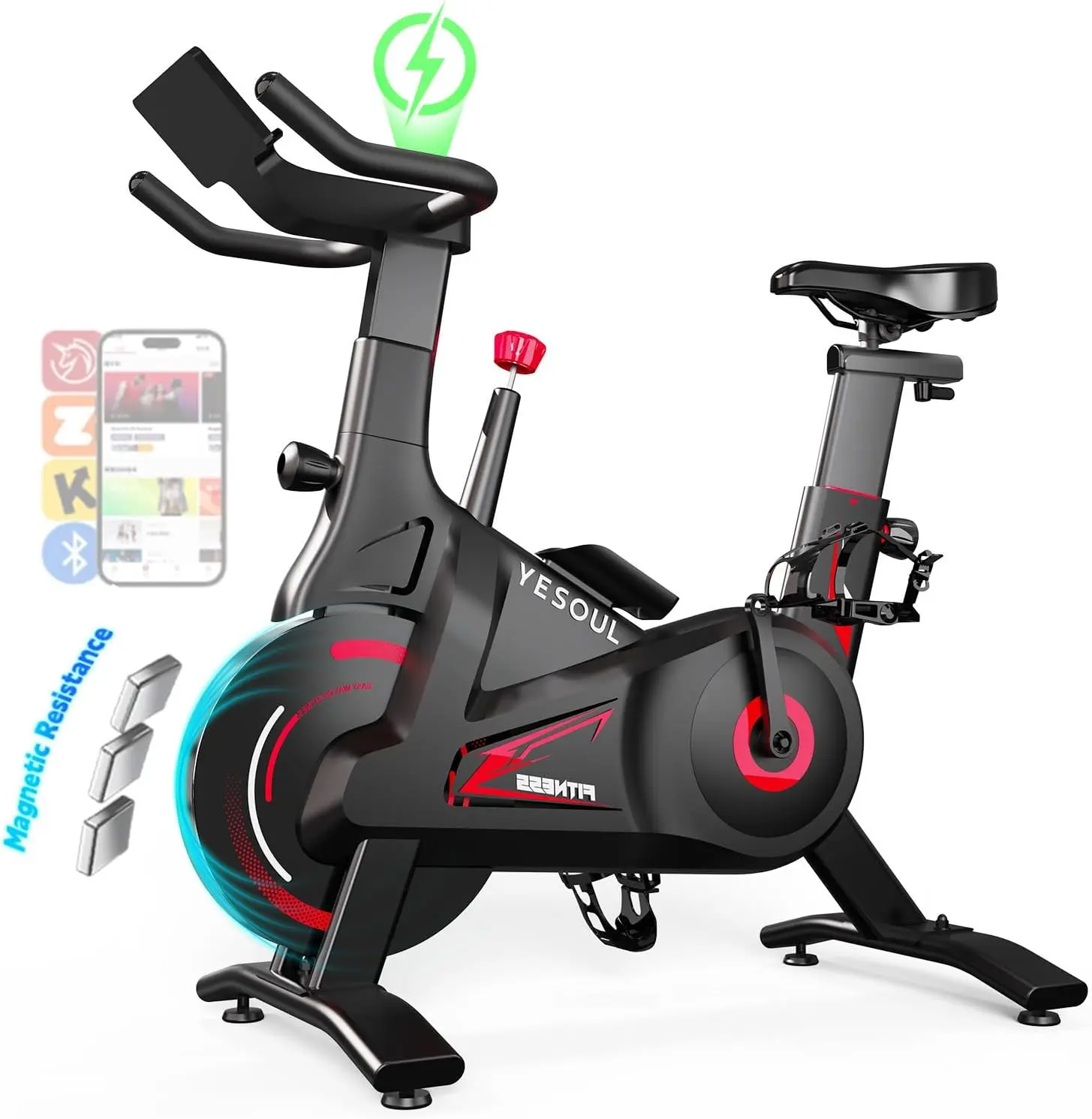YESOUL A6EV Self-Powered Indoor Stationary Exercise Bike - Compact, Alloy Steel Stable Triangle Frame, Dual-Stage Drive, 300 lbs Capacity, Silent Magnetic Resistance, Dynamic LED Lights, Adjustable Seat, App Connectivity for Indoor Fitness