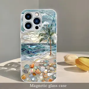 Aesthetic summer beach sea turtle magnetic case for iPhone 17/16/15/14/13/12 Pro Max | Ocean starfish glass MagSafe cover for vacation — 975