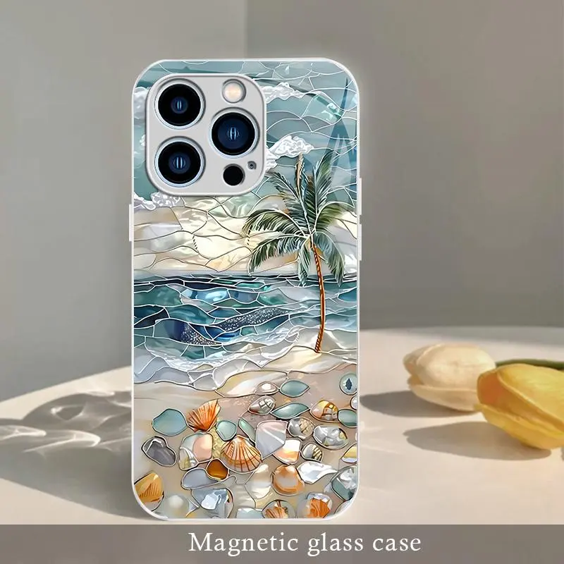 Aesthetic summer beach sea turtle magnetic case for iPhone 17/16/15/14/13/12 Pro Max | Ocean starfish glass MagSafe cover for vacation — 975