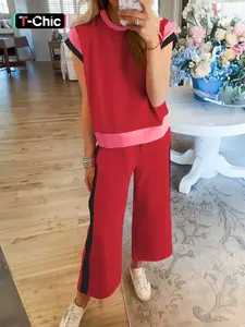 Summer Casual Colorblock Short Sleeve Round Neck Pullover and Long Pants Set, Two-Piece for Men, Comfortable and Stylish