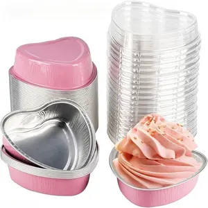 20 Pack 3.4oz Pink Heart-Shaped Bread Molds with Lids  Mini Love Pans,Disposable Small Cake Molds, Baking Cups, Muffin Tins, Cake Cups Suitable for Parties, Weddings,Birthdays,Father's Day, Back to School, Thanksgiving, Halloween and Christmas