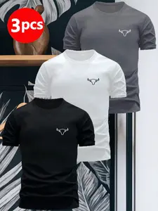 Men's New Round Neck Short Sleeve Classic T-Shirt Set, Hollow Cow Head Print, Loose Fit, Streetwear, Casual Commute Wear, All Seasons Comfort