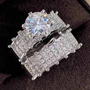 Sparkling double high-grade zircon golden plated luxury women's ring set wedding dinner bride ring bracelet