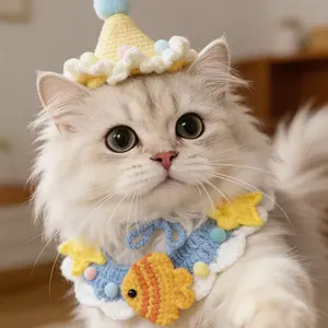 Hand-Crocheted Pet Collar & Hat Set - Cute Cat Neckwear with Pom-Poms and Little Goldfish Accents (Suitable for Small Dogs)