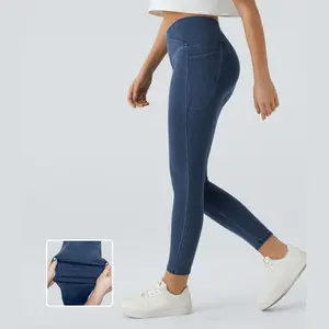 Halara Flex Crossover Side Pocket Washed Stretchy Knit Denim Work Leggings#outdoorfun