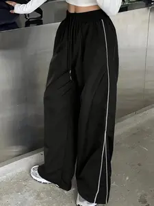 A women's wide-leg, elastic drawstring waist, Fitted, white stripes on the side street style ladies trousers, suitable for autumn and winter, creating street, sports trendy shapes, Casual fashion pants