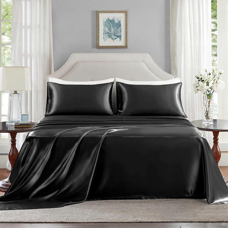 Sheets Full Size - 4 Pieces Luxury Soft Bed Sheets, Wrinkle-Free Black Silk Sheet Set with 1 Deep Fitted Sheet, 1 Flat Sheet, 2 Pillow Cases