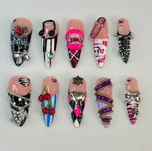 Cyber Pop Punk Press-On Nails, 3D Lip Charm, Chain Detail, Cherry Art, Zebra Stripe Accent, Pink Purple Graffiti Design, Handmade Y2K Rockstar Statement Nail Set