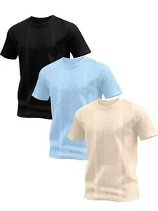 Men's 3-Piece Summer Casual Solid Color Knit Texture T-Shirt Set, Workout Running Clothes, Gym Athletic Clothes, Outdoor Play Running Fitness, Perfect Gift for Him