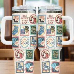 Romantic Hockey Stamp Tumbler 40oz, Bookish Love Tumbler with Handle, Heated Rivalry Stainless Steel Travel Mug, Hockey Romance Cup