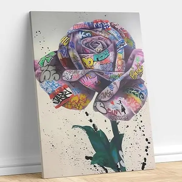 Rose Wall Art - Flower Graffiti Canvas Poster Prints - Colorful Flower Picture Artwork - Rose Graffiti Art - Wall Decor for Bedroom, Living Room, Kitchen, Office Gift Decoration unframed canvas poster Photo Hanging Ornaments Artistic