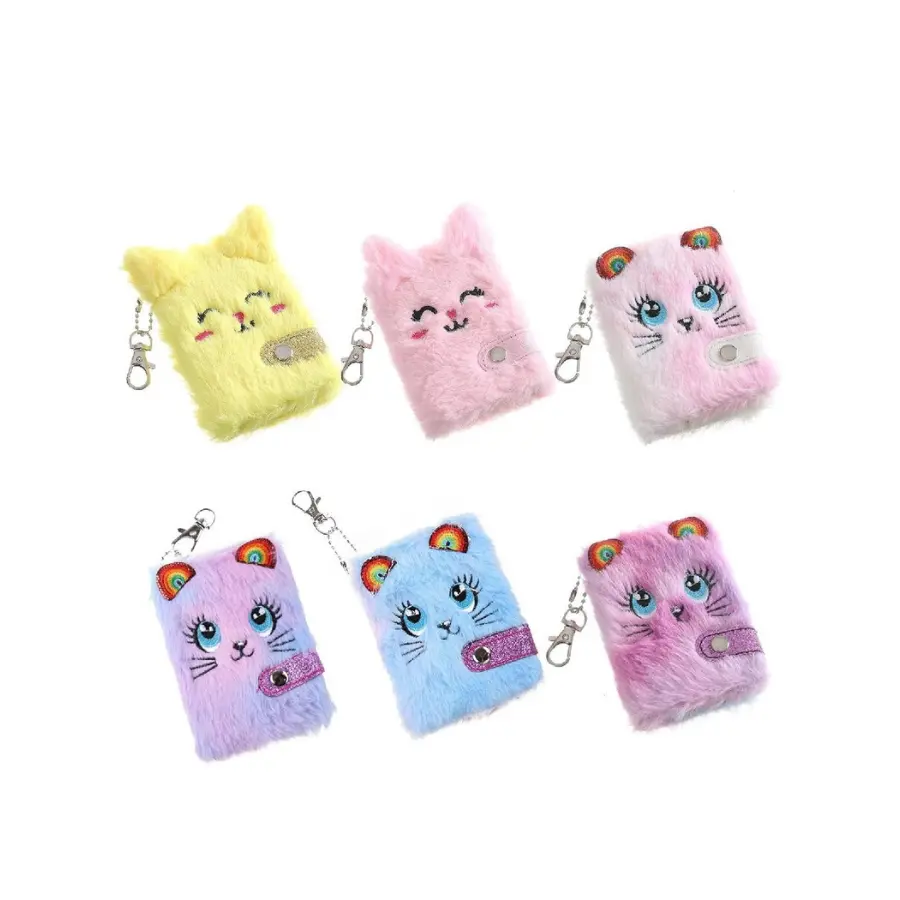 Plush Cat Keychain Notebook Mini Portable Notepad with Keyring Cute Address Book for Kids Students Journaling Note Taking Random Color