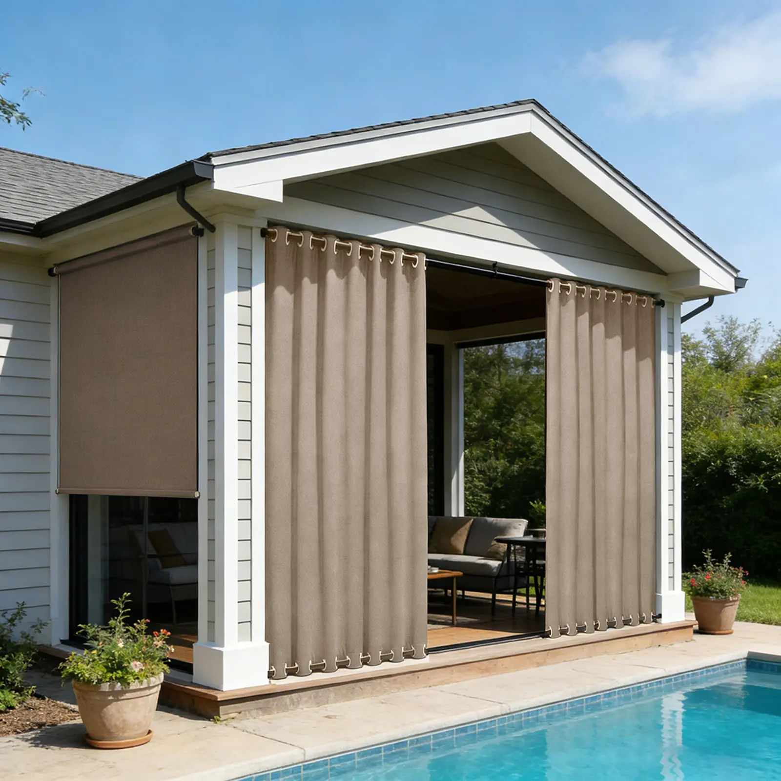 100% Blackout Outdoor Curtains for Patio 100 inch Waterproof & Windproof Cordless Extra Wide Drapes with Linen Texture Top & Bottom Grommets
