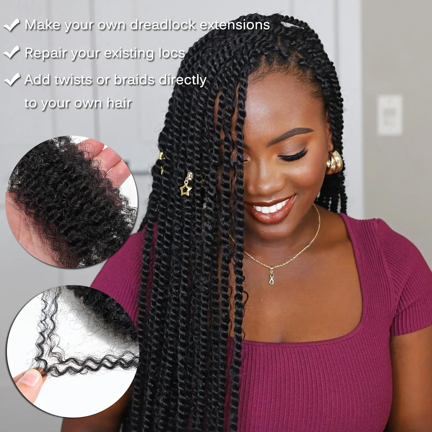 Encharm 50g/pack Afro Kinky Bulk Human Hair for Braiding - 100% Real Soft Hair for Mini Twist, Braiding, Loc Extensions & Crochet, Kinky Curly Hair Bulk, Natural Afro Bulk for Dreadlocks