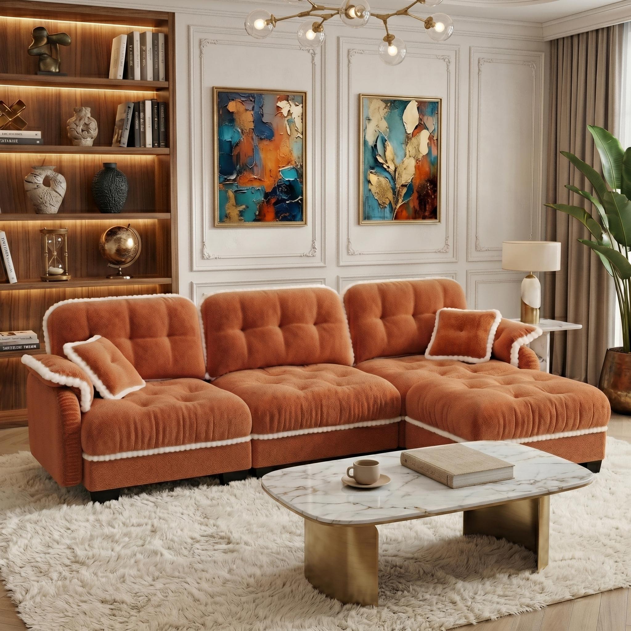 Eyisean 100.7in Chenille Modern Modular Sectional Sofa Furniture - 3-Seater U-Shaped Comfy Couch with Fixed Arms, Armrest Pillow, Back Cushion, 2 Movable Ottomans, Pom-Pom Trim Quilted Tufted Deep Seat, Ergonomic for Living Room Decor, Small Spaces, Ottom
