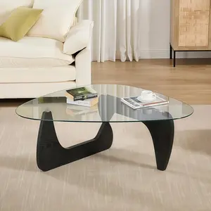 Elegant Curves Mid-Century Modern Triangle Glass Top Coffee Table Natural Wood Base Classic Minimalist Design Sturdy End Tables for Living Room Patio Office