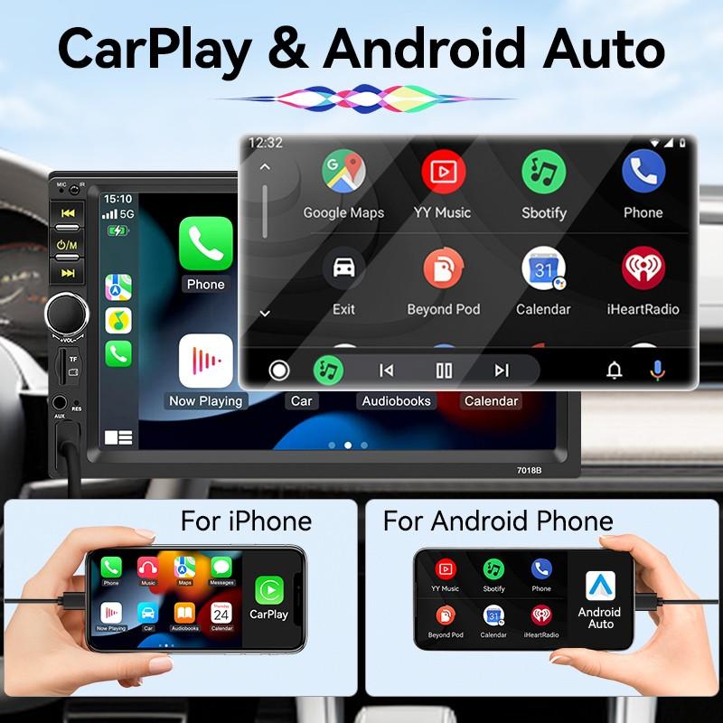 7 Inch 1 DIN Car Display with Wired Carplay Android Auto Bluetooth-compatible 5.0 Mirror Link, Supports Rear Camera USB TF Aux Fm 12V Adapter Radio, Car Video Player.