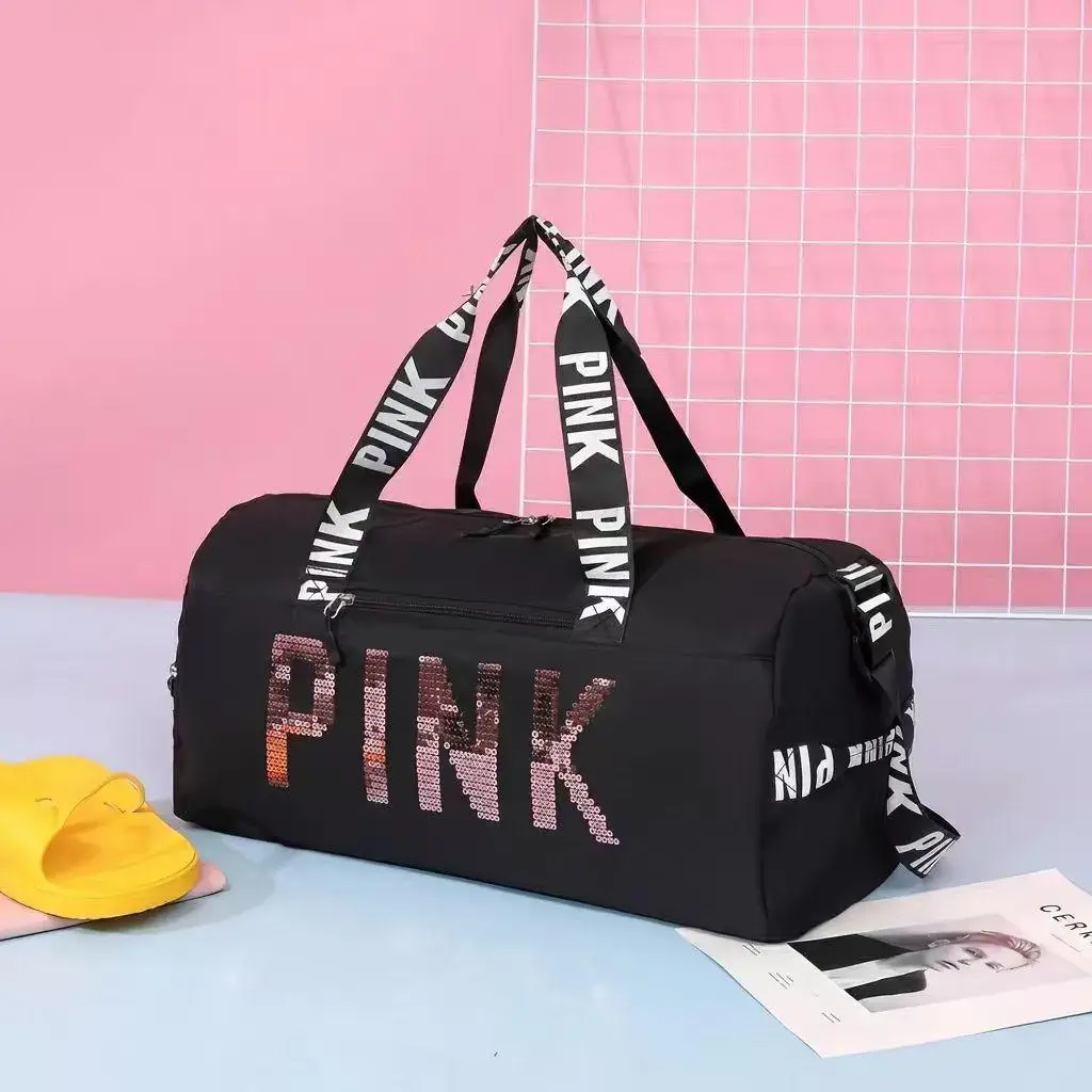 Women's Large Capacity Gym Workout Sport Duffel Bag - Sequin Letter Print, Shoe Compartment, Lightweight Multi Sport Training & Fitness Leisure Crossbody Bag for Yoga, Gym Workout Bag