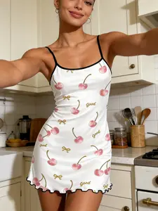 Cherry Bowknot Printed Halter Nightdress, Sweet Girl Style, Lightweight Breathable, Sleeveless Fitted, All Seasons Home Wear Nightwear