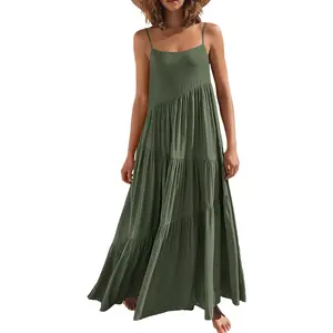 Women Summer Casual Loose Sleeveless Sundress Spaghetti Strap Flowy Boho Linen Beach Vacation Maxi Long Dress