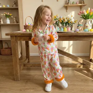 Easter Kids Girls Pajamas Set, Carrot Print Furry Patchwork Long Sleeve Tops with Pants Sleepwear
