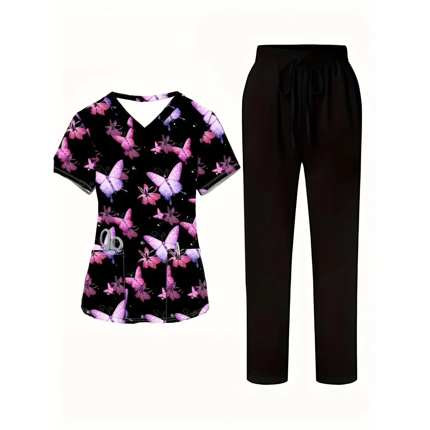Women's V-Neck Short-Sleeve & Long-Pants Casual Butterfly Print Nurse Uniform Set – Soft, Easy Care Machine-Washable Fabric for Work, Commute, Daily Home Wear YT