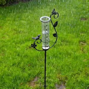 8-Inch Large Capacity Outdoor Rain Gauge with BirdOrnament & Metal Spiral Rainfall Collector, Garden YardMeasurement Tool, No Electricity Needed for Lawn, Patio,Backyard Decoration