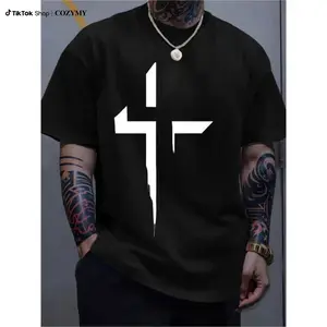 Men's Casual Black Cotton T-Shirt with Bold White Cross Print, Crew Neck, Slight Stretch, Regular Fit, Knit Fabric, 100% Cotton, Summer Casual Attire for Men