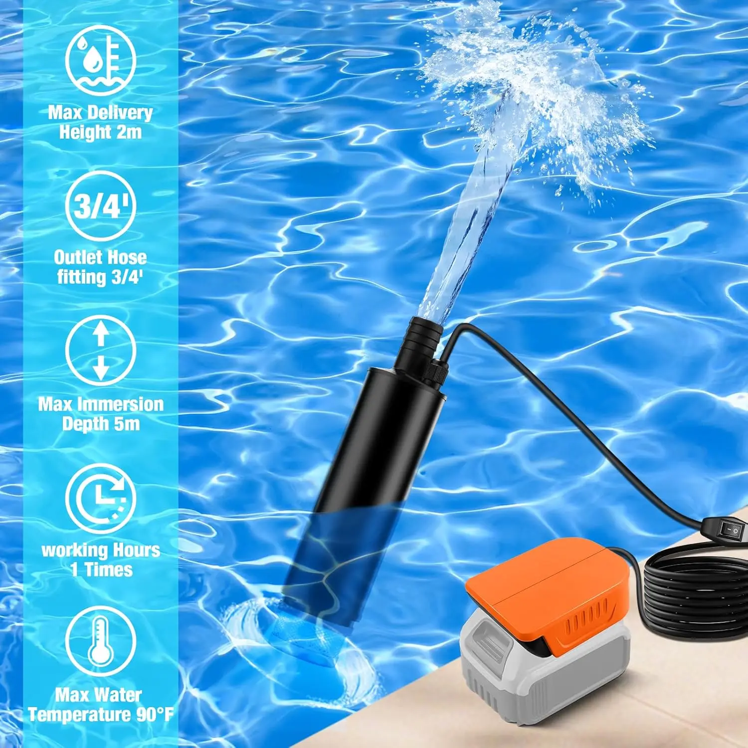 Portable Water Transfer Pump For Dewalt 20V Max Battery, 500GPH 100W 16Ft Cord for Pool, Water Beds, Garden Shower, Puddle,Camping, RV, Bilge,Fish Tank,Diesel Boat Truck (No Battery)