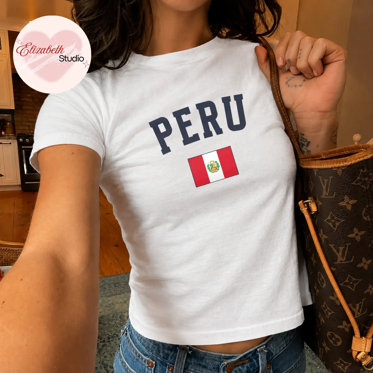 Peru Flag Baby Tee, Peru Pride Graphic Shirt, Vintage Country Heritage Tee, Travel Souvenir Fitted Baby Tee for Women