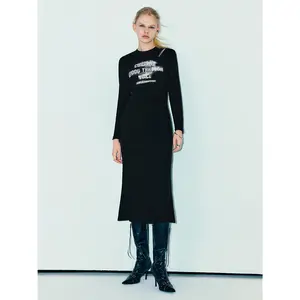URBAN REVIVO 2026 Women's Slim Fit Printed Casual Cotton Blend Dress - Long Sleeve, Round Neck, Mid-Length, for Casual Wear