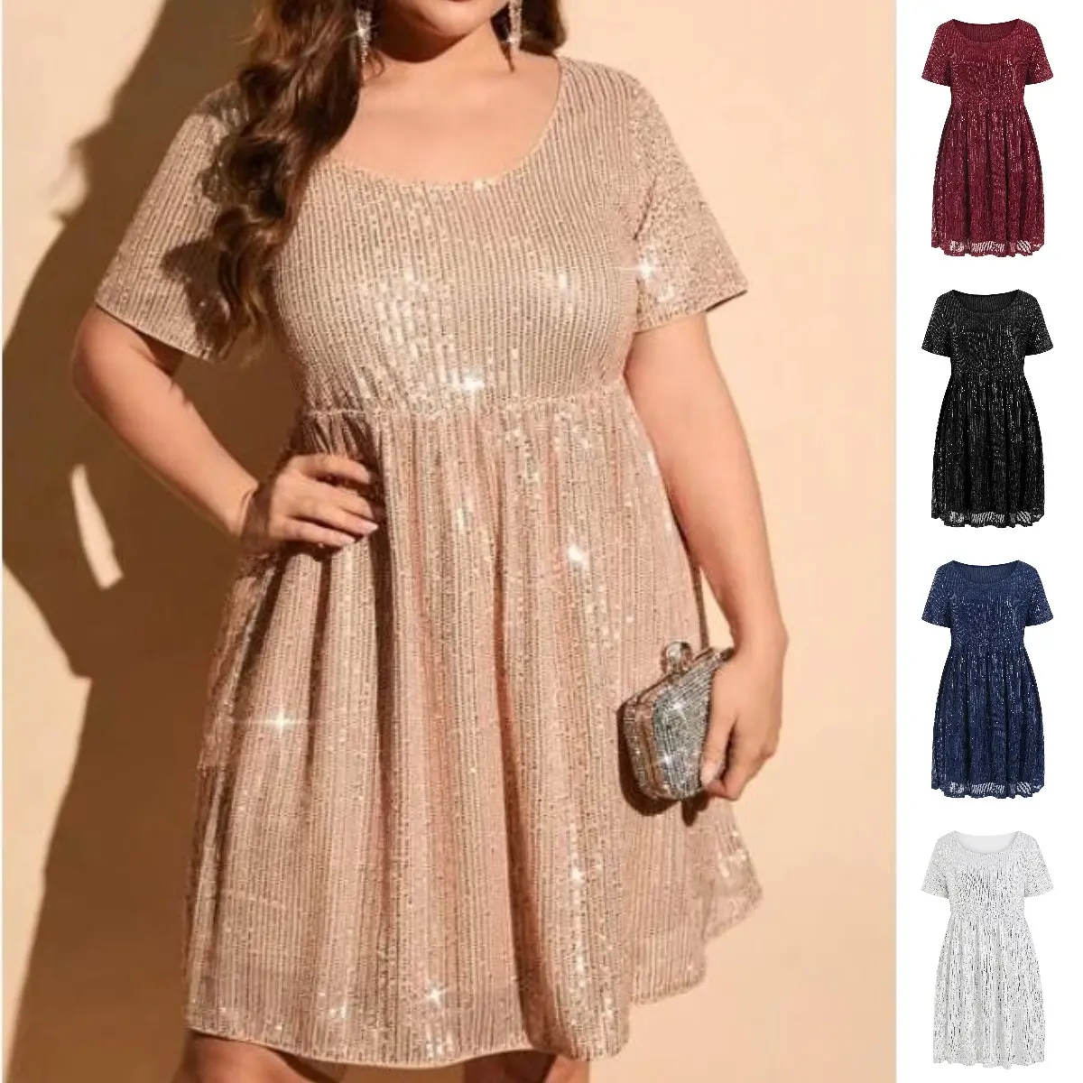 Goranbon Women's Polyester Sequin Plus Size Mini Dress - Short Sleeve, Scoop Neck, Pleated A-Line, Feminine Ballet-Inspired Cocktail Party Dress with Strappy Accents, Versatile for Blazer Pairing