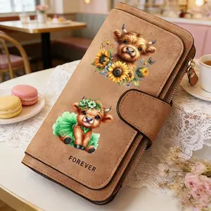 1pc Highland Cattle pattern women's long wallet, multi-functional wallet, portable snap coin purse, birthday gift and daily commuting essential, perfect holiday gift, suitable for outdoor, travel and family use, 3.16CYJ-15