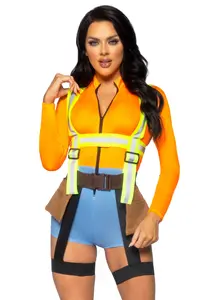 Leg Avenue Women's Stretchy Soft Fabric 3-Piece Halloween Construction Worker Costume - Bodysuit, Shorts, Zipper-Accented Accessories